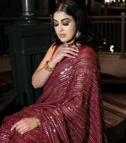 Black Saree Bollywood Inspired Georgette Saree &amp; Blouse With Sequins Multi Threads Work Lace Border For Women | Saree Blouse | Saree |