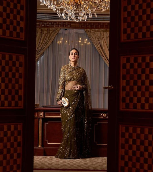 Olive Green Net Saree With All Over Sequins Embroidery Work And Sequence Work Sari Blouse For Wedding Party Wear