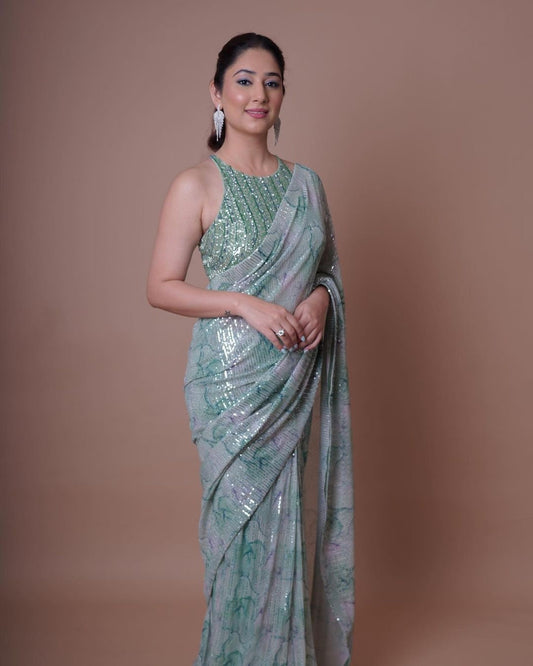 Turquoise Mirror work blouse Shimmer Sequence Work Saree For Women, Saree For USA Women, Wedding Saree, Party Wear| ships from CANADA