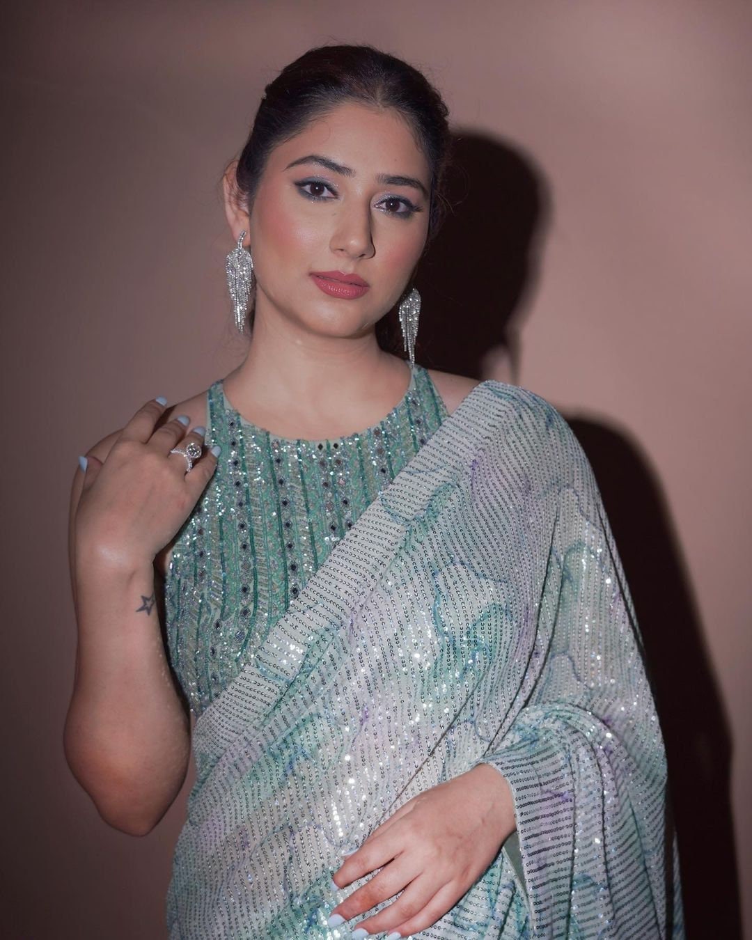 Turquoise Mirror work blouse Shimmer Sequence Work Saree For Women, Saree For USA Women, Wedding Saree, Party Wear| ships from CANADA