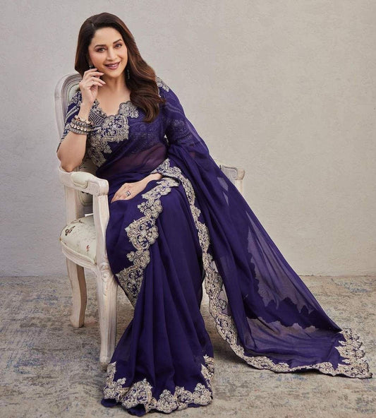 Beautiful Madhuri Dixit Blue Saree, Designer Saree, Indian Wedding Reception PartyWear Saree, Sari For Women, UK, USA, Canada