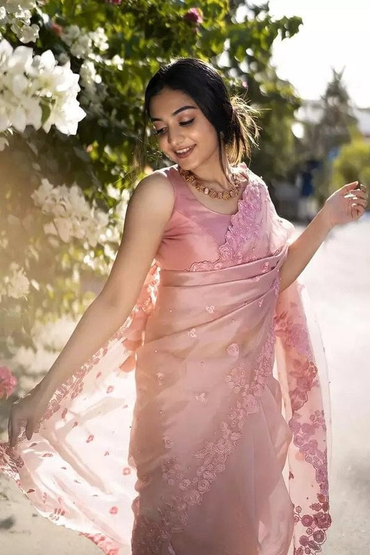 Pink Color Soft Organza Saree With Exclusive Pattern Multi thread border and Moti stone work For Farewell |Bollywood Saree For Women,Sangeet