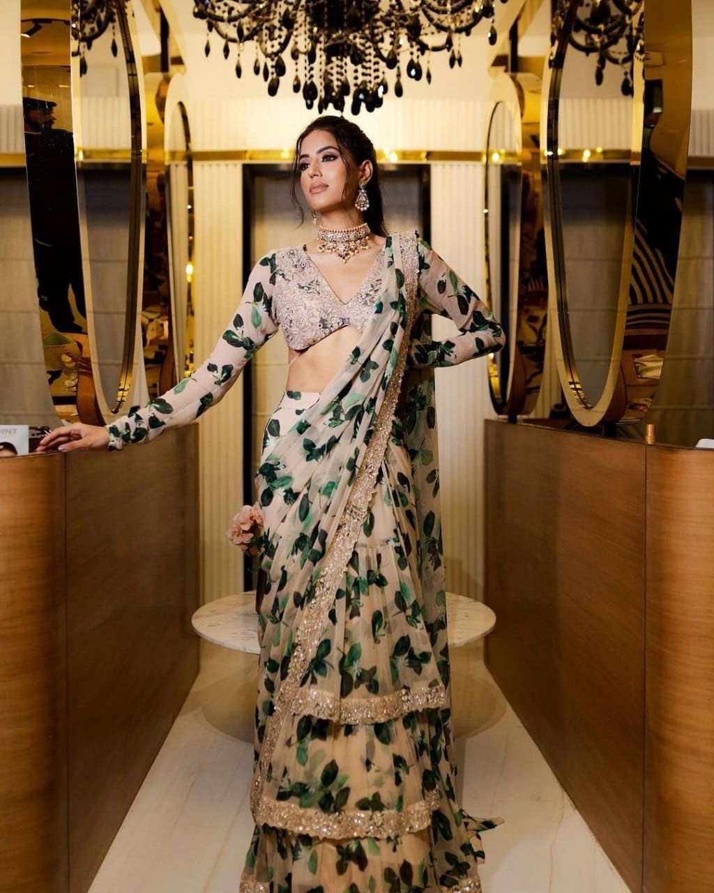 Stunning 3 Layer Ruffle Saree with Digital Print and Thread &amp; Sequence Work on Faux Georgette Fabric