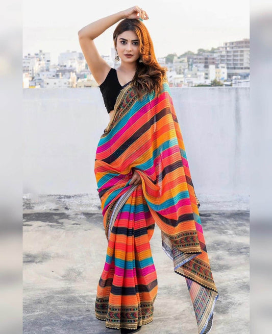 Designer Saree with sequence wrok line , party wear saree with custom stitch blouse.