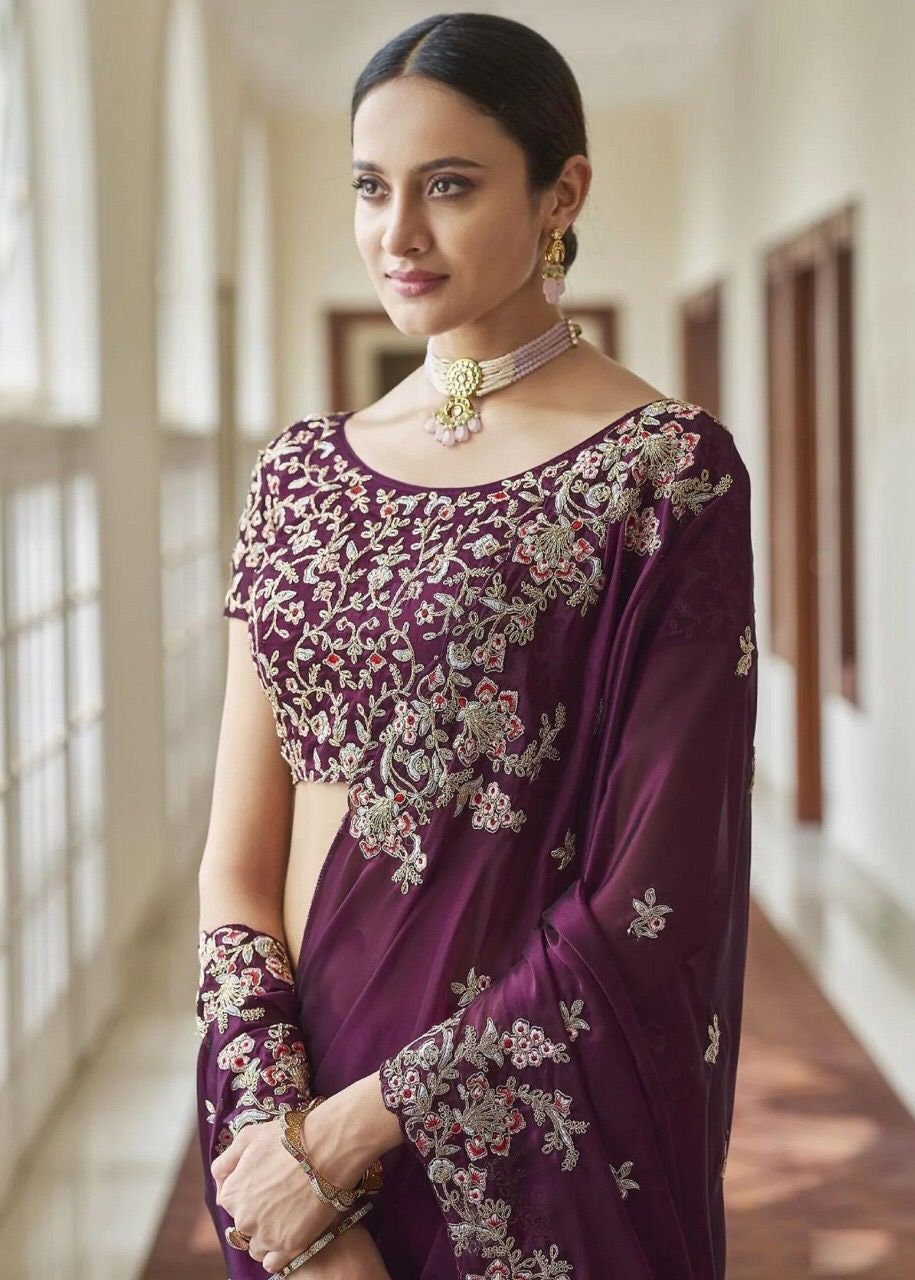 Wine Color Heavy Rangoli Silk Fabric Embroidery Sequence Work Saree Ready to Wear Saree Indian Saree Party wear saree Beautiful Wedding Sare