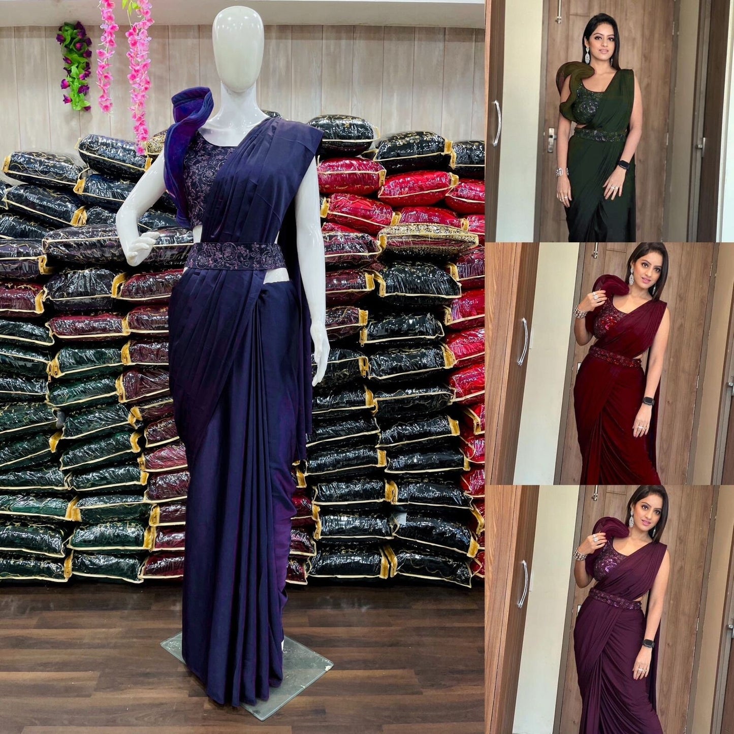 Elegant Satin Silk Saree with Sequins Embroidery Work Blouse and Waist Belt |Manish malhotra | Sabyasachi