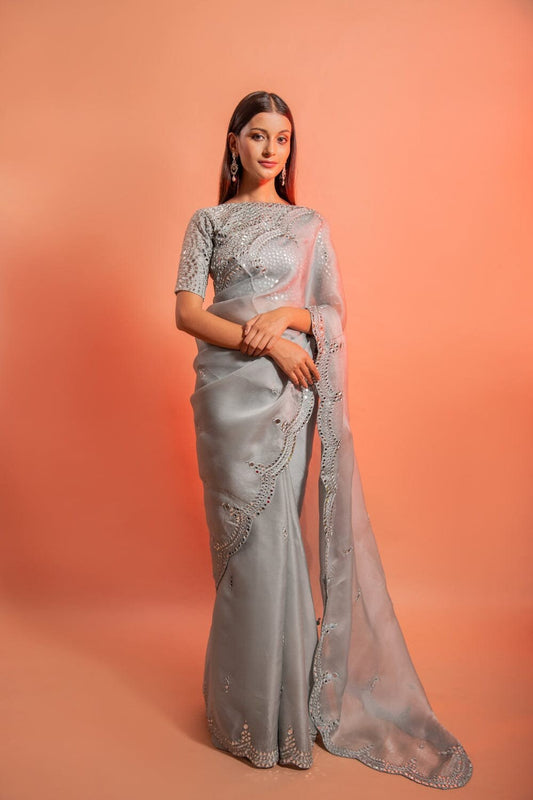 Beautiful Soft Organza Embroidery saree with Real Mirror Work.