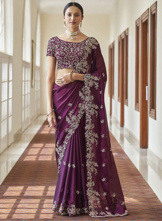 Wine Color Heavy Rangoli Silk Fabric Embroidery Sequence Work Saree Ready to Wear Saree Indian Saree Party wear saree Beautiful Wedding Sare