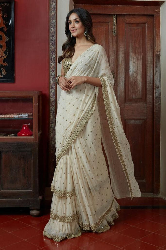 White Saree, Embroidery Work Ruffle Saree, Party Wear Bollywood Style Wedding Wear Saree Bold N Beautiful saree, Ready To Wear Ruffel Saree