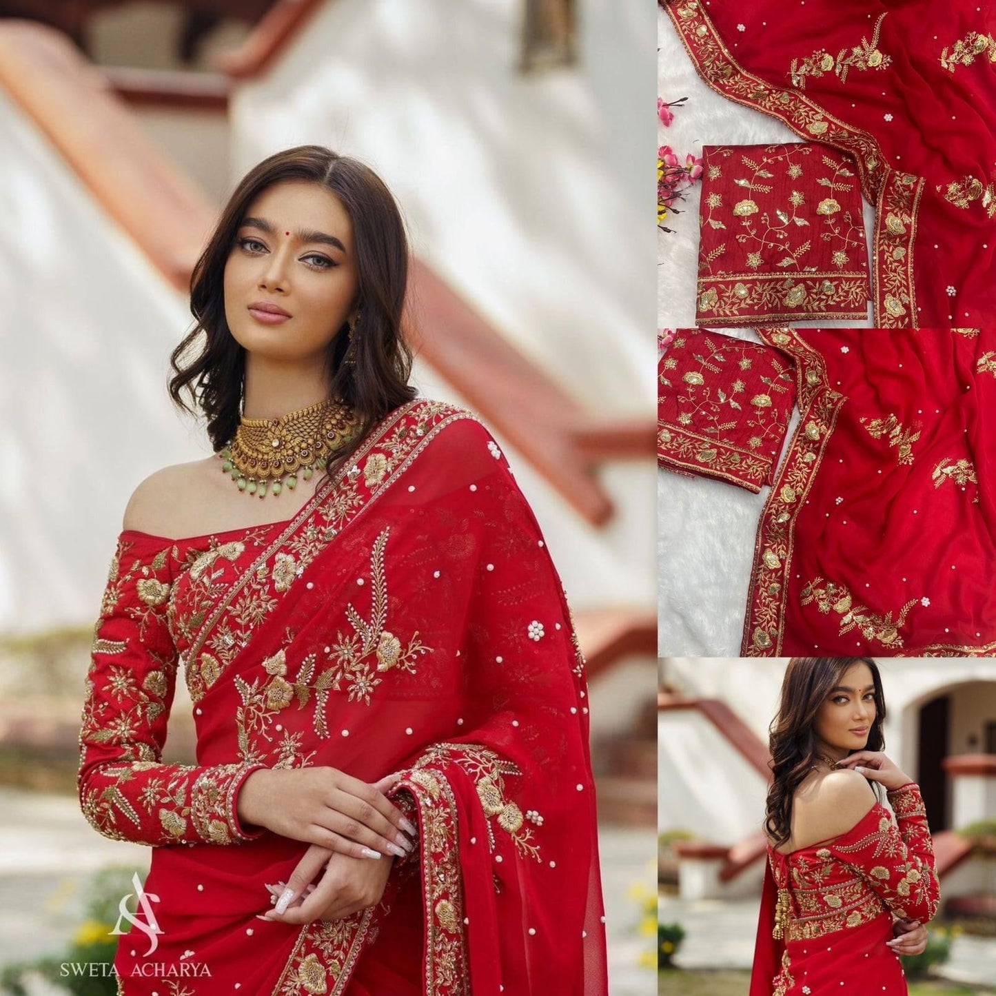 Red Georgette Zari Sequence Saree, Saree For USA Women, Designer Saree, Wedding Wear Saree, Red Saree , Saree Blouse, Saree , Modern Saree.