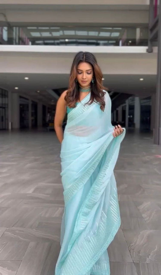 Georgette Sequence Work Saree And Full Designer Unstitched Blouse, Fancy Sari, Latest Stylish Saree Wedding Sari