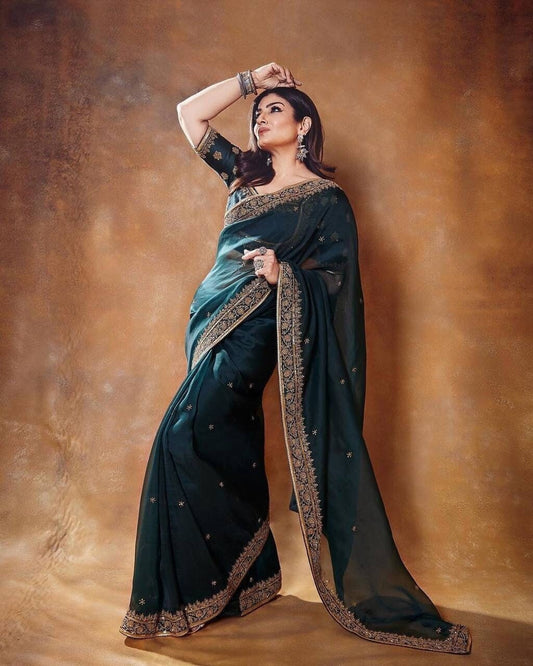 New  Designer Pure Jimmy Choo Fabric Heavy Embroidery Sequence Work Saree with lace border and readymade blouse, Beautiful Saree