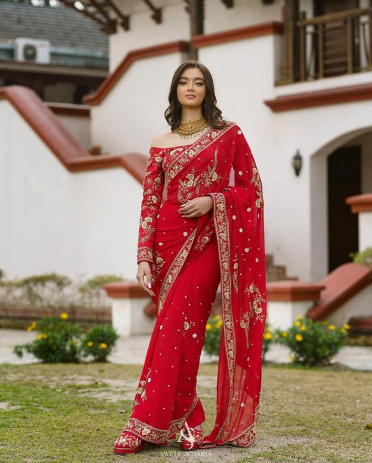Red Georgette Zari Sequence Saree, Saree For USA Women, Designer Saree, Wedding Wear Saree, Red Saree , Saree Blouse, Saree , Modern Saree.