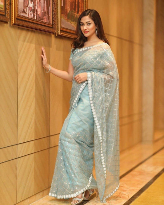 Glorious Premium Bollywood Style Georgette Sequance Saree With Lace Work, Stunning Look Saree Party Wear Saree For Special Event