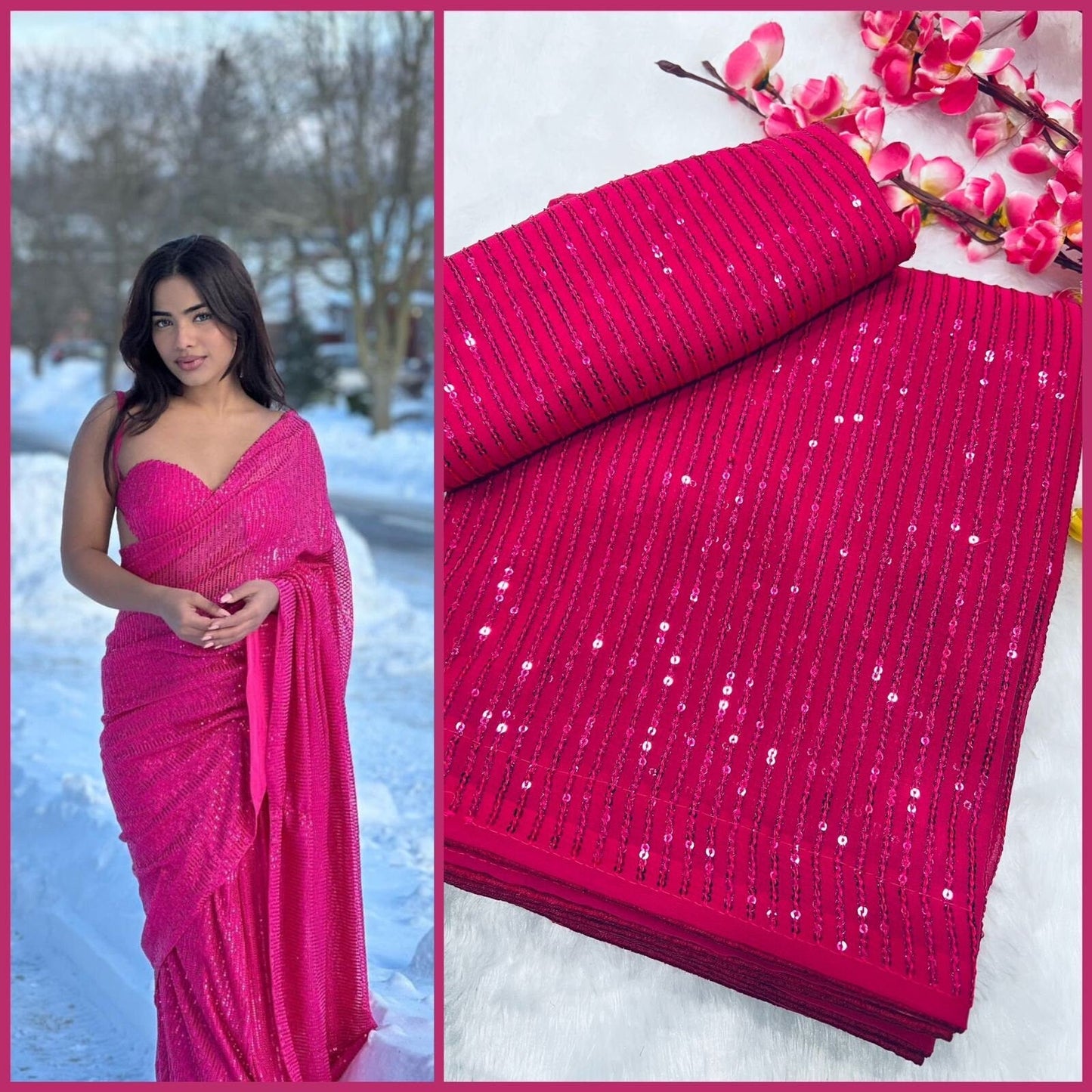 Pink Party Wear Saree Georgette Saree With Sequence Work With Blouse For Women,Red Saree,Party Wear Saree,sari,saree,Plain sari,Brown saree