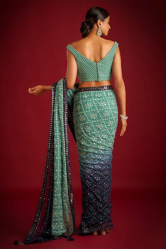 Beautiful green and blue Saree. Women Ethnic Wear saree, walima sari embroidery. Bridesmaid readymade blouse saree collection