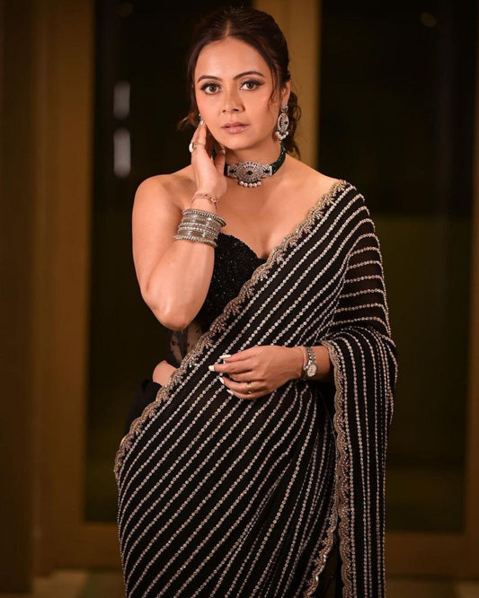 Indian Designer  Black Color Georgette Saree Beautiful Designer Sari With Satin Banglori Blouse women for  wear  Party .