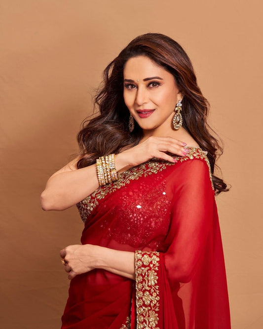 Beautiful georgette saree with stitched blouse Ready To Wear Georgette Red Colour special Wedding saree