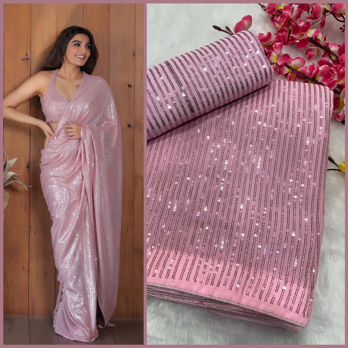 Pink Party Wear Saree Georgette Saree With Sequence Work With Blouse For Women,Red Saree,Party Wear Saree,sari,saree,Plain sari,Brown saree