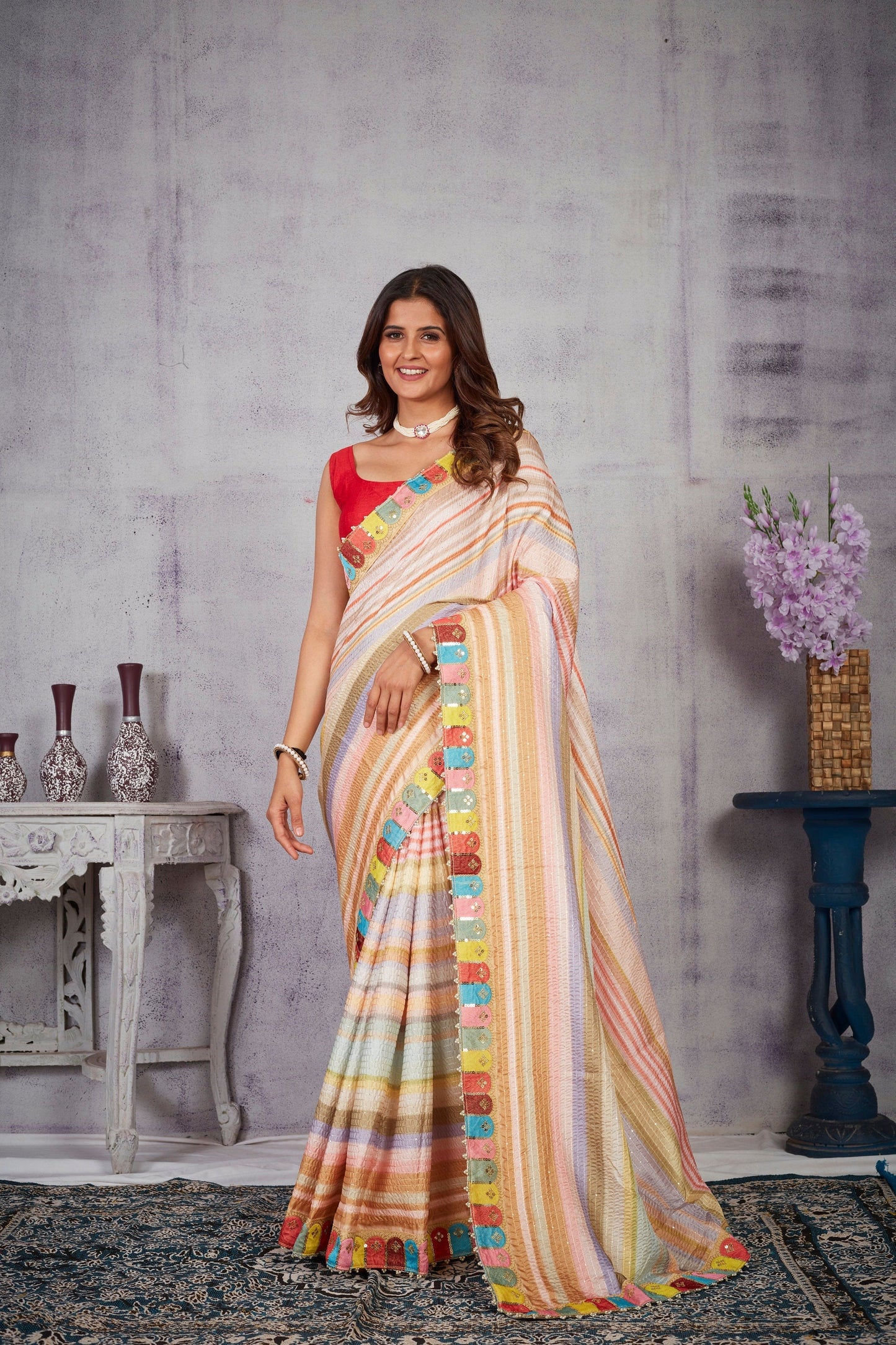 Designer Embroidery saree with laheriya pattern