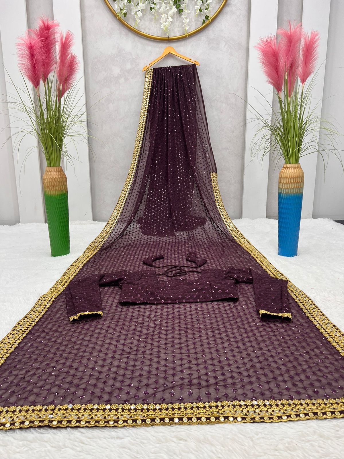 Sequins Work Wine Fox Georgette Designer Saree Bollywood celebrity style Embroidered Saree, Wedding Wear Sareee USA Canada Free Shipping