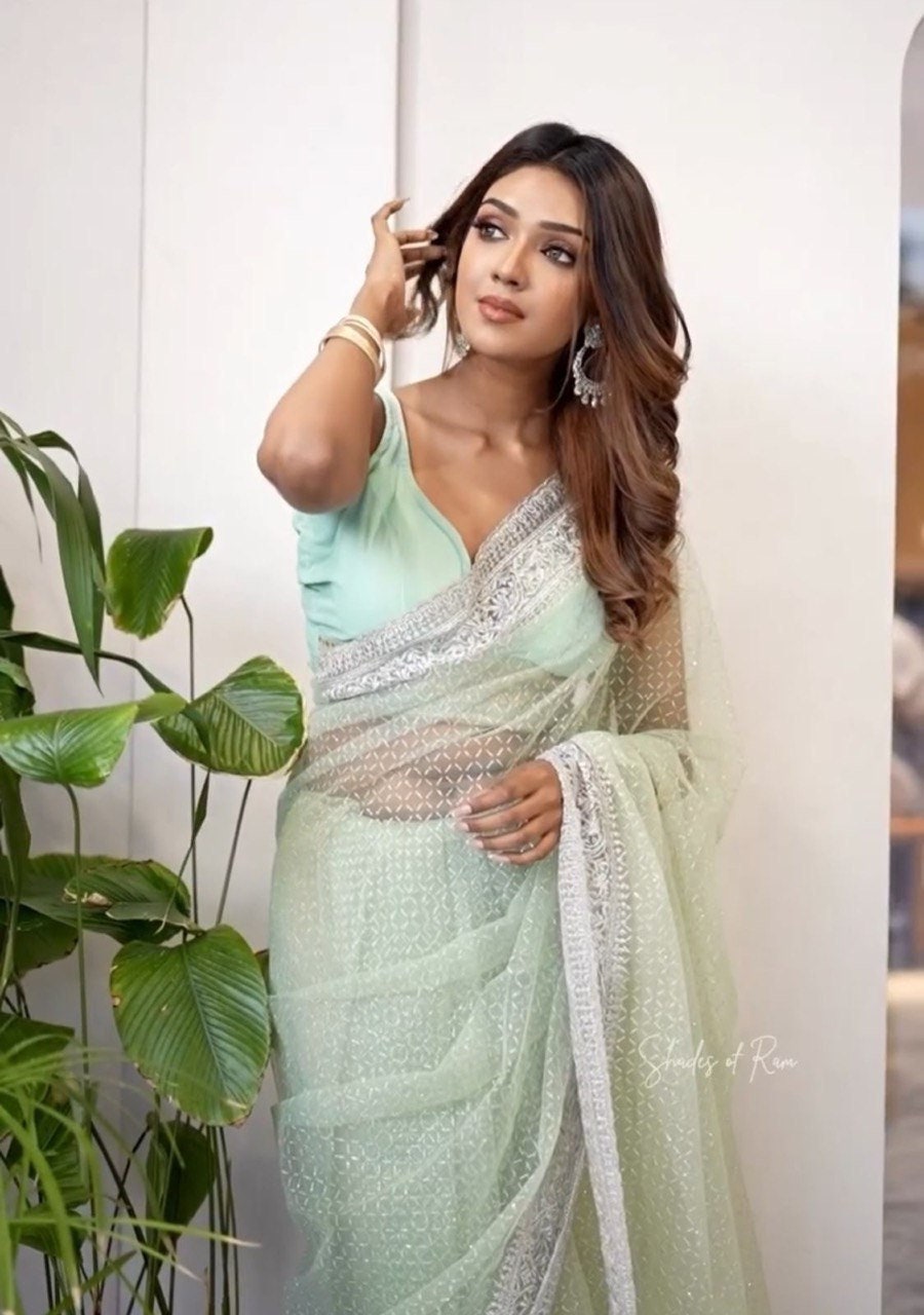 White Net Saree With Embroidery Cut Work Saree,