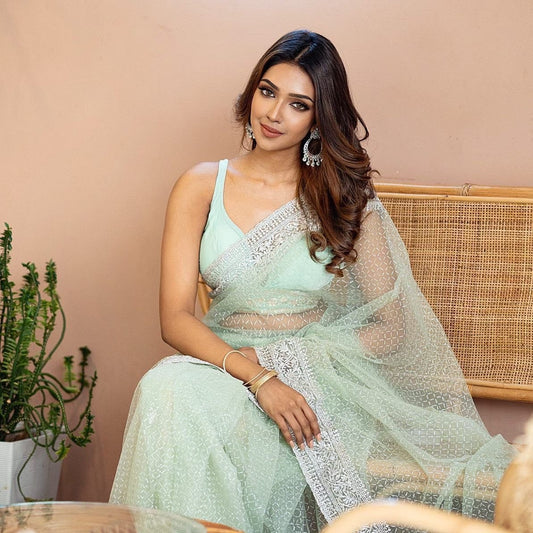 White Net Saree With Embroidery Cut Work Saree,