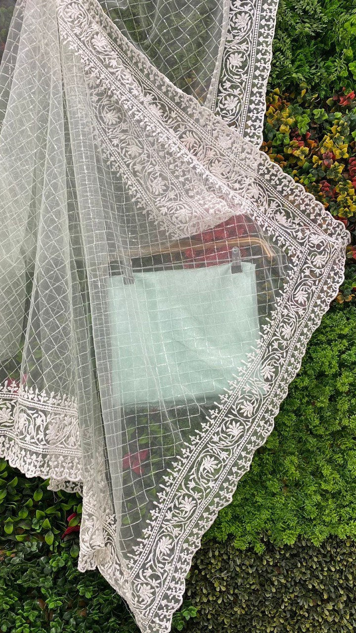 White Net Saree With Embroidery Cut Work Saree,