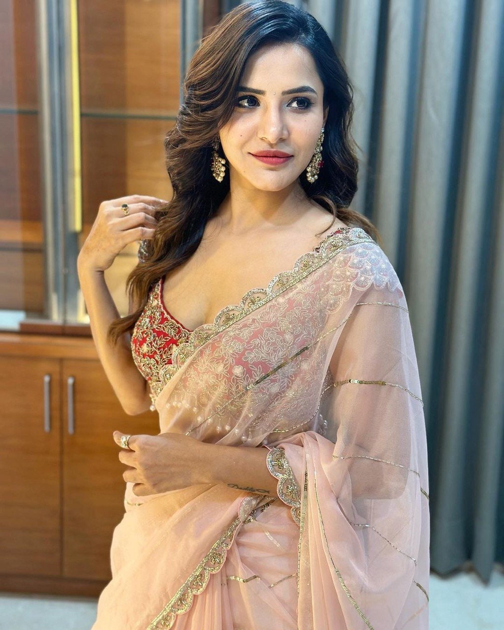 Peach Colour Khadi Organza Work Saree With Red Work Blouse |