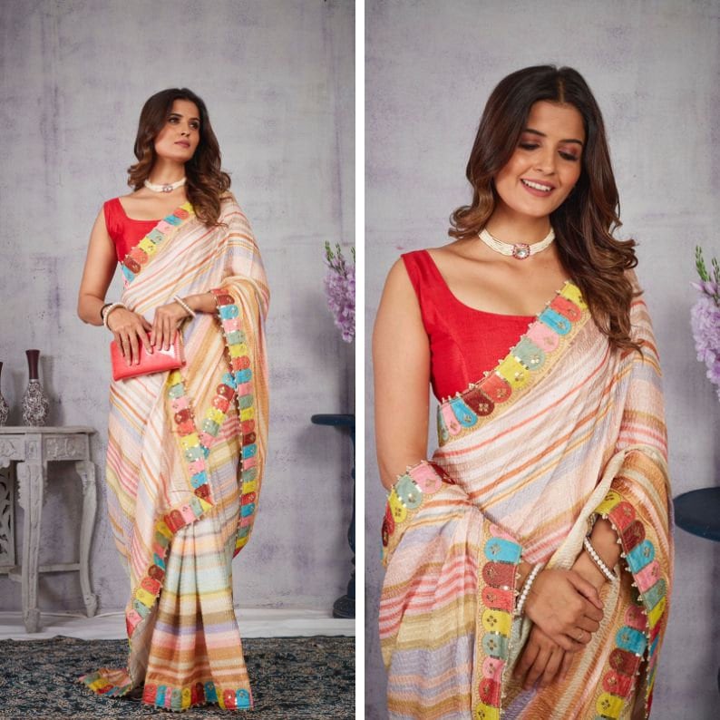 Designer Embroidery saree with laheriya pattern