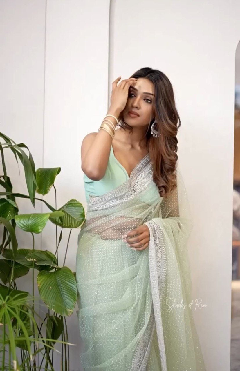 White Net Saree With Embroidery Cut Work Saree,