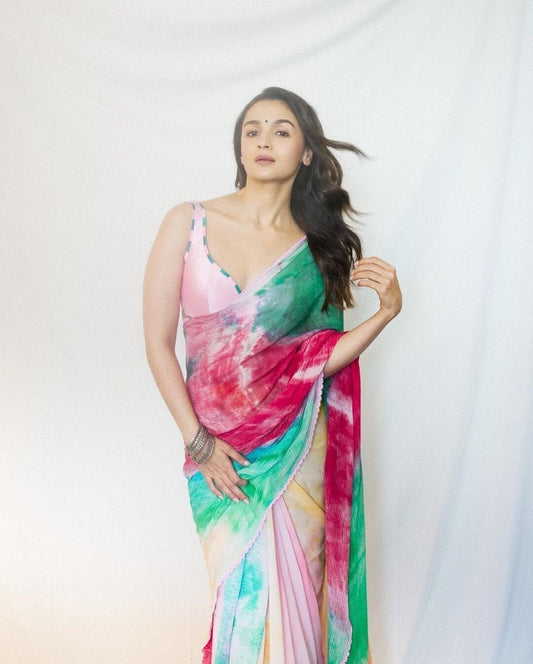 Designer Faux Georgette Alia Bhatt Saree for Women Indian Bollywood Saree with Stitched Blouse for Women's &amp; Girls in CANADA USA
