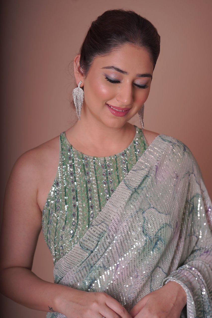 Turquoise Mirror work blouse Shimmer Sequence Work Saree For Women, Saree For USA Women, Wedding Saree, Party Wear| ships from CANADA