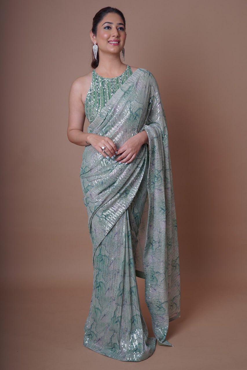 Turquoise Mirror work blouse Shimmer Sequence Work Saree For Women, Saree For USA Women, Wedding Saree, Party Wear| ships from CANADA