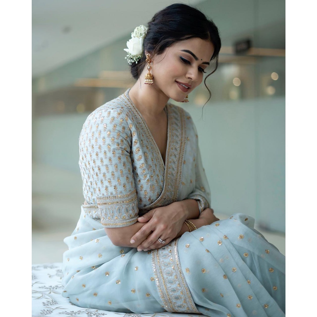 Sky Blue Bollywood Style Pure Khadi Organza Silk Saree with Sequence Embroidery Work, Wedding wear Bollywood Saree Party wear Designer Saree