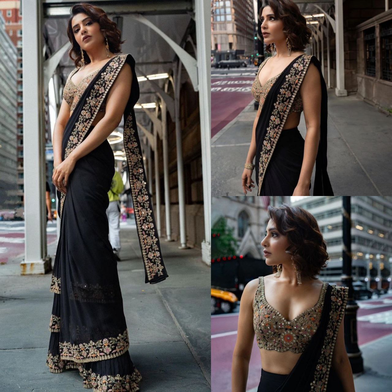 Black Colour 3 Layer Saree on Faux Georgette fabric with Thred & Sequence work