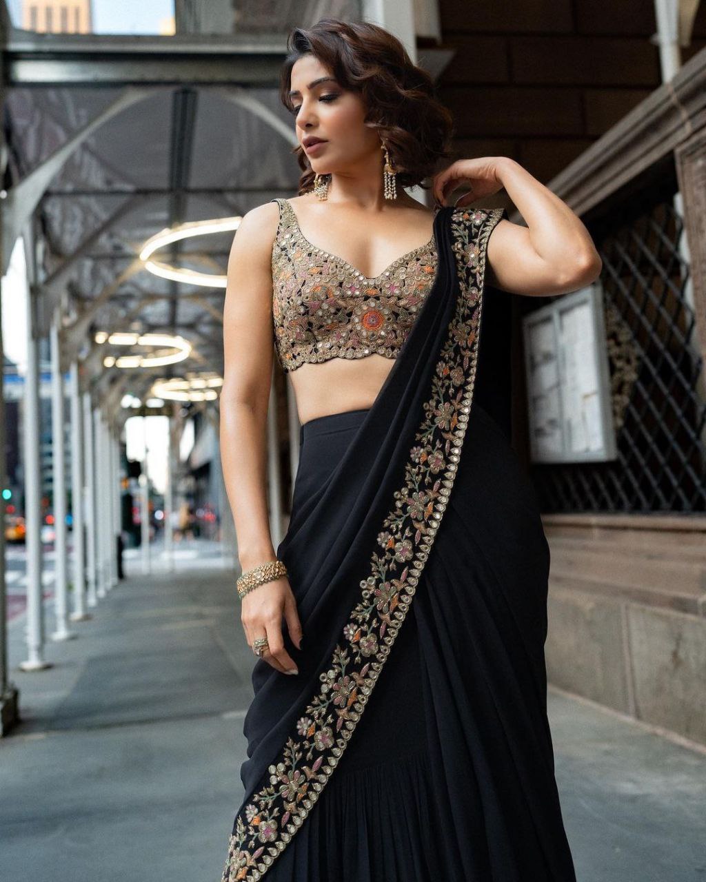 Black Colour 3 Layer Saree on Faux Georgette fabric with Thred & Sequence work