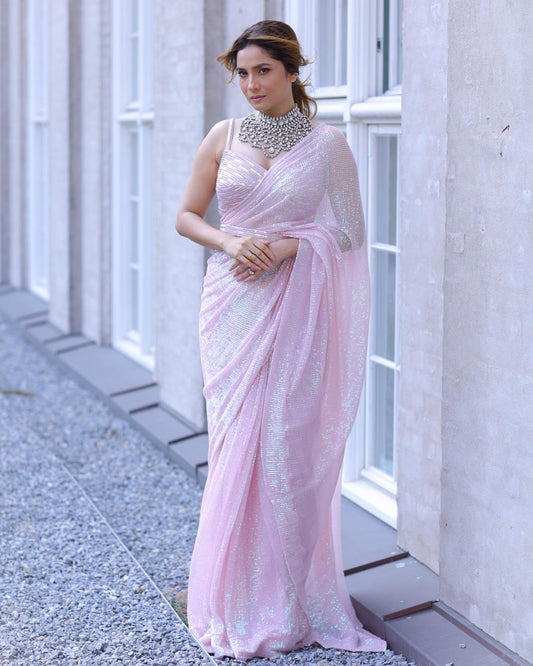Pink Colour Saree Fancy Thread Work With Sequence Work